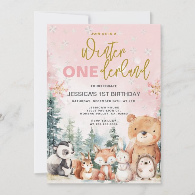 Pink Winter Onederland Woodland 1st Birthday Invitation (Front)