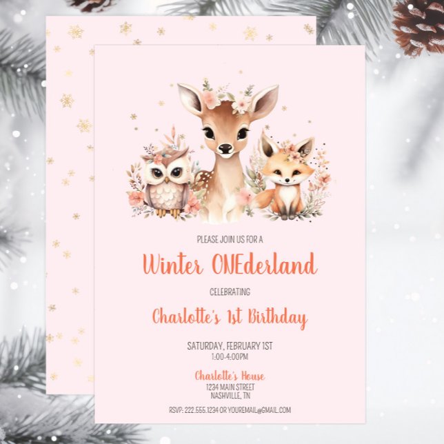 Pink Winter Onederland Woodland Birthday Invitation (Pink Snowflake Woodland Winter Onederland Birthday Invitation, Deer Owl Fox, Winter Wonderland)