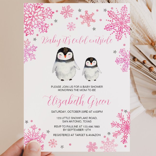 Pink Winter Penguin Baby Shower Invitation (Creator Uploaded)