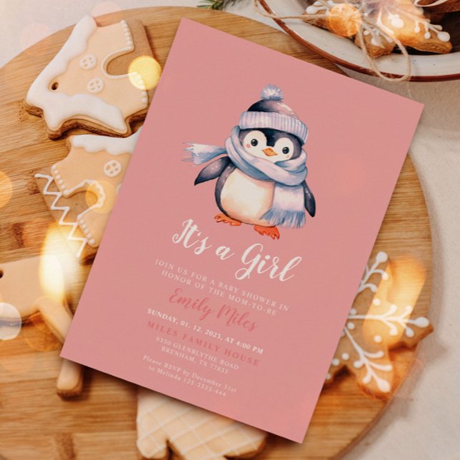 Pink Winter Penguin Baby Shower Invitation (Creator Uploaded)