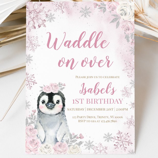 Pink Winter Penguin Birthday Party Invitation (Creator Uploaded)