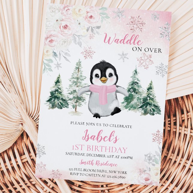 Pink Winter Penguin Birthday Party Invitation (Creator Uploaded)