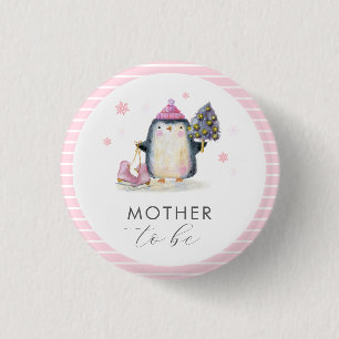 Pink Winter Penguin Mother To Be Baby Shower 3 Cm Round Badge