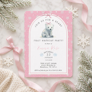 Pink Winter Polar Bear Beary 1st Birthday Party Invitation