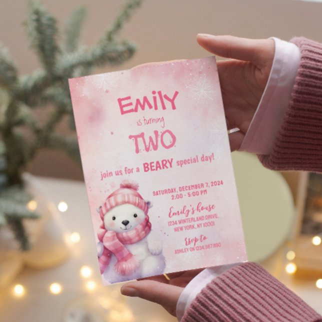 Pink Winter Polar Bear Snowflakes Birthday Party Invitation (Creator Uploaded)