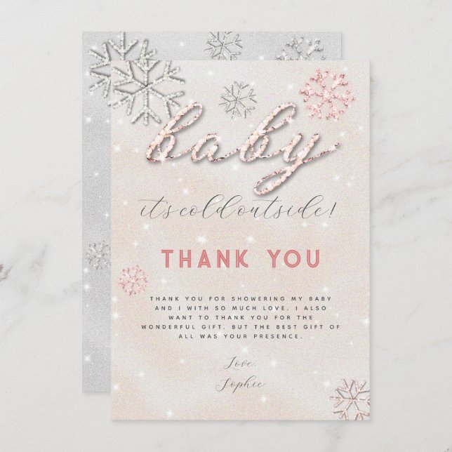 Pink Winter Rhinestones Baby Shower Thank You Invitation (Front/Back)