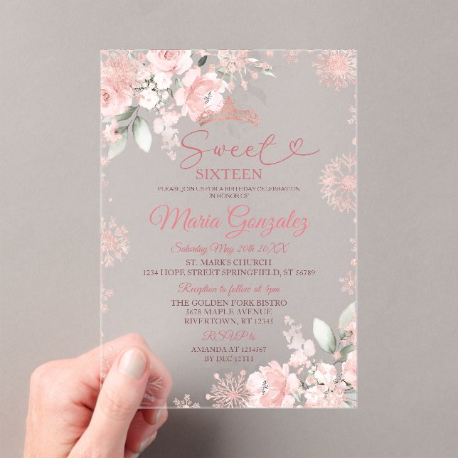 Pink Winter Rose Gold Floral Sweet 16 Birthday Acrylic Invitations (Insitu (Handheld))