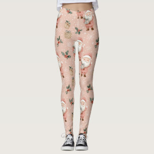 Pink Winter - Santa Claus, Snowflakes, Holly (1) Leggings