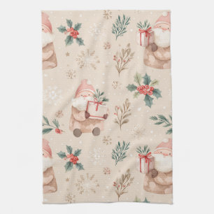Pink Winter - Santa Claus, Snowflakes, Holly (4) Tea Towel
