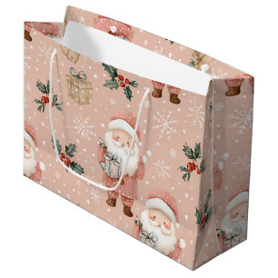 Pink Winter - Santa Claus, Snowflakes, Holly Large Gift Bag