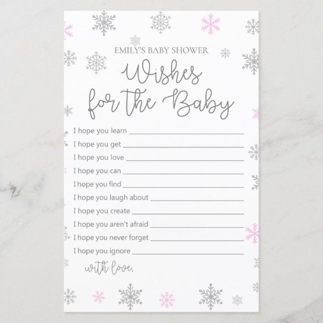Pink Winter Snowflake Baby Shower Game PRINTED (Front)