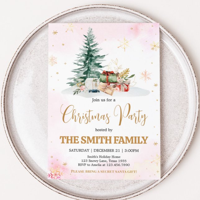 Pink Winter Snowflakes Christmas Party Invitation (Pink Snowflakes Winter Christmas Party Invitation)