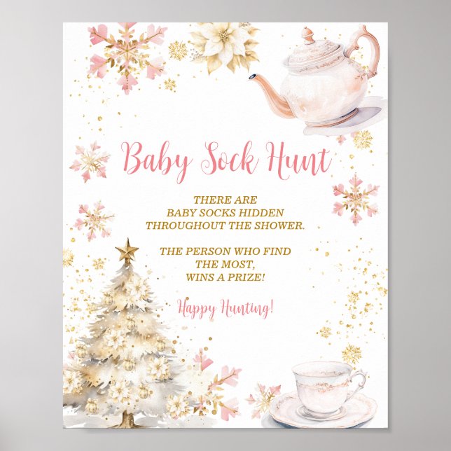 Pink Winter Tea Party Baby Shower Baby Sock Hunt Poster (Front)
