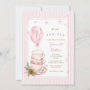 Pink Winter Tea Party First Birthday Snowflakes Invitation