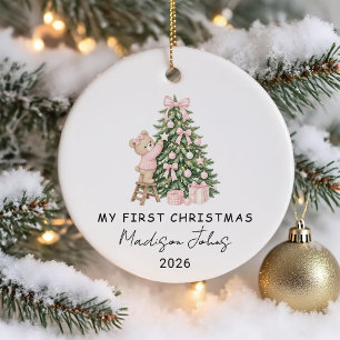 Pink Winter Teddy Bear Baby's First Christmas Ceramic Tree Decoration