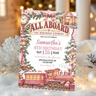 Pink Winter Train Theme All Aboard Birthday Invitation