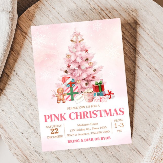 Pink Winter Tree Christmas Party Invitation (Pink Winter Christmas Tree Christmas Party Invitation)