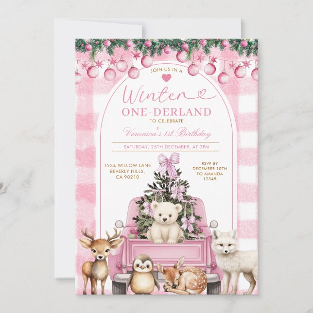 Pink Winter Truck Onederland 1st Birthday Animals Invitation (Front)
