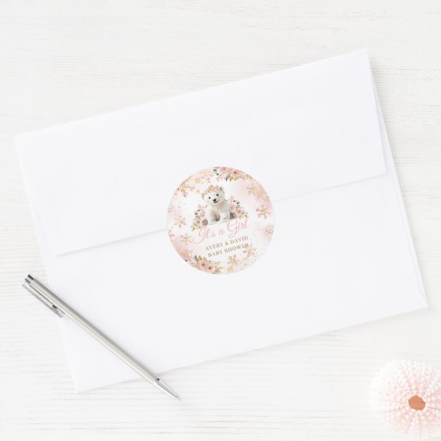 Pink Winter White Bear Its a Girl Baby Shower Classic Round Sticker (Envelope)
