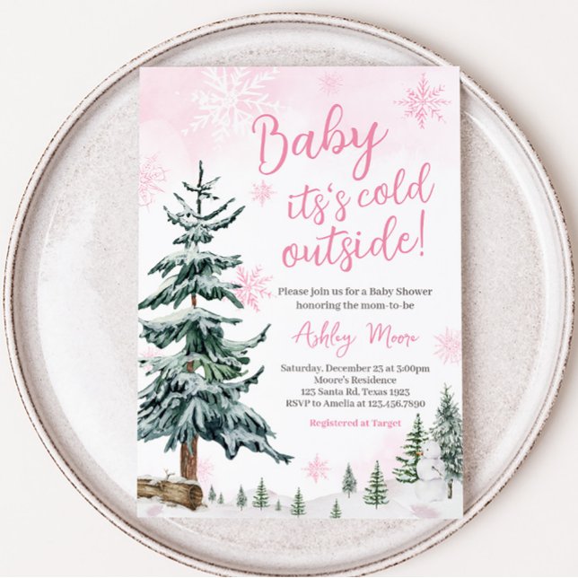 Pink Winter Wonderland Baby Shower Invitation (Girl Winter Wonderland Baby Shower Invitation)