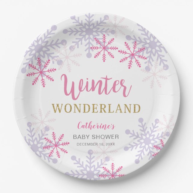 Pink Winter Wonderland Baby Shower Snowflakes Girl Paper Plate (Front)