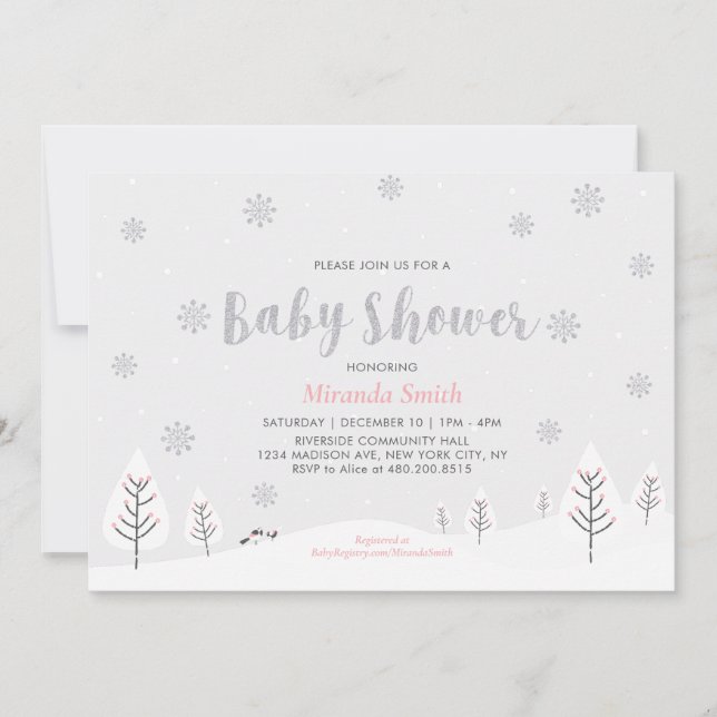 Pink Winter Wonderland, Girl Baby Shower Sprinkle Invitation (Front)