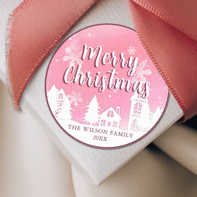 Pink Winter Wonderland Merry Christmas Classic R Classic Round Sticker (Creator Uploaded)