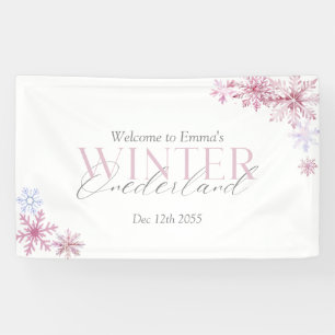 Pink Winter Wonderland Snowflake First Birthday Banner