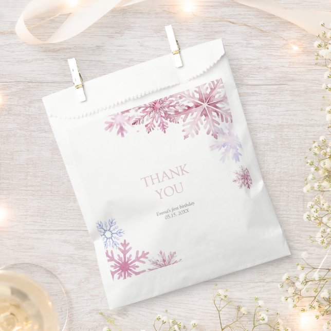 Pink Winter Wonderland Snowflake First Birthday Favour Bags (Clipped)