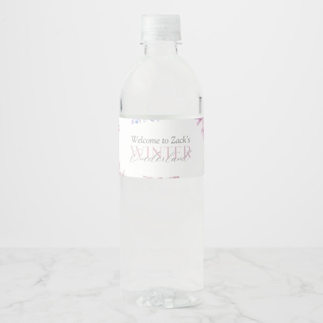Pink Winter Wonderland Snowflake First Birthday Water Bottle Label (Front)