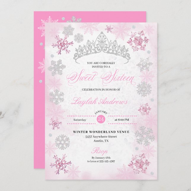 Pink Winter Wonderland Snowflake Sweet 16 Invitation (Front/Back)