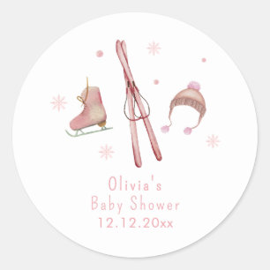 Pink Winter Woodland Après Bébé Ski Baby Shower  Classic Round Sticker