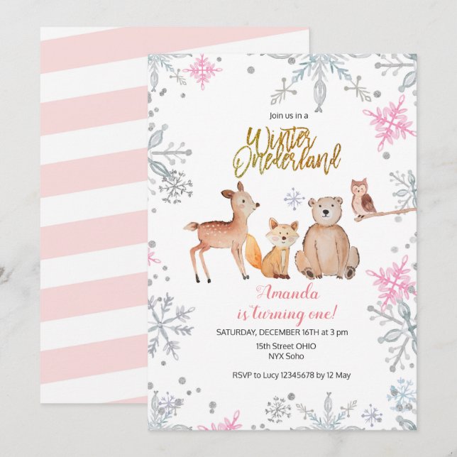 Pink Winter woodland girl 1st birthday watercolor Invitation (Front/Back)