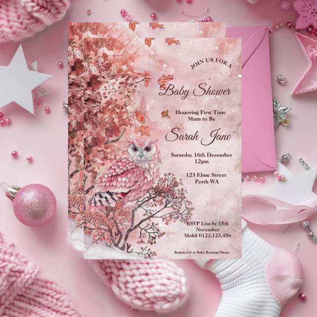  Pink winter woodland modern Baby Shower  Invitation (Pink Owl Baby Shower Invitation)