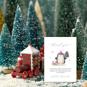 Pink Winter Woodland Penguin Baby Shower Thank You Card