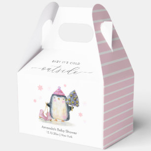 Pink Winter Woodland Skate Penguin Baby Shower  Favour Box
