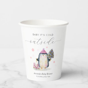 Pink Winter Woodland Skate Penguin Baby Shower  Paper Cups