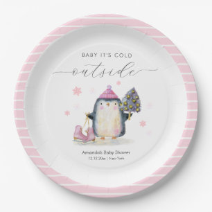 Pink Winter Woodland Skate Penguin Baby Shower  Paper Plate
