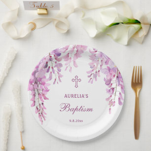 Pink Wisteria Baptism Paper Plate