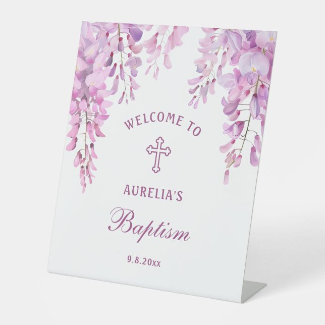 Pink Wisteria Baptism Welcome Pedestal Sign (Front)