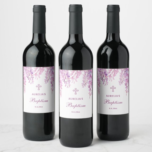 Pink Wisteria Baptism Wine Label (Bottles)