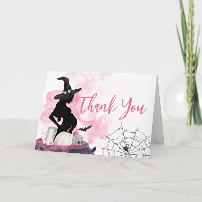 Pink Witch A Baby is Brewing Baby Shower Thank You Card (Front)