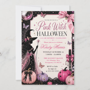 Pink Witch Halloween Birthday Invitation