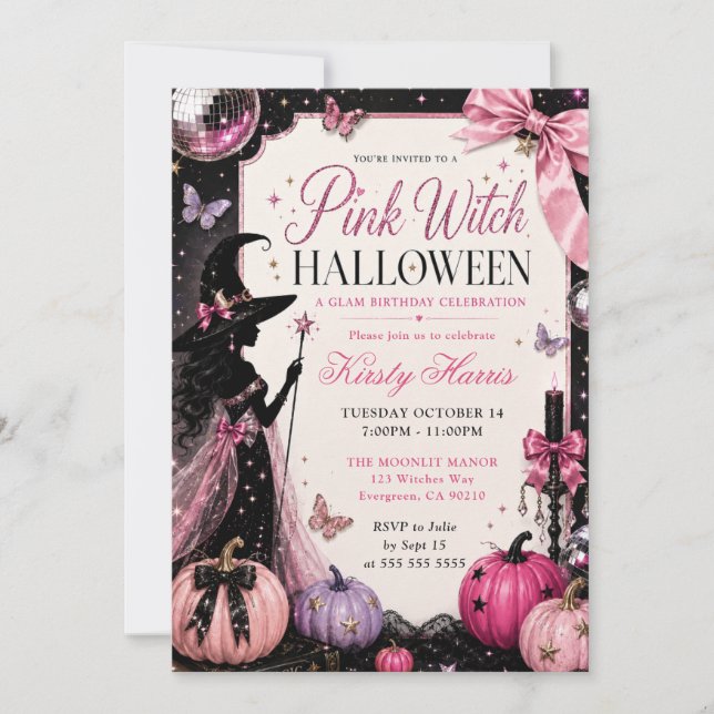 Pink Witch Halloween Birthday Invitation (Front)