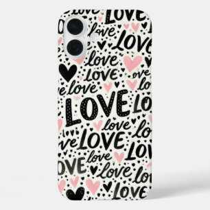 PINK WITH BLACK LOVE AND HEARTS iPhone 16 PLUS CASE
