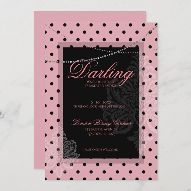 Pink with black polk dots breakfast brunch invitation (Front/Back)