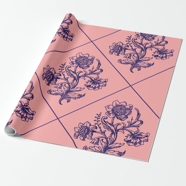 Pink with blue flower wrapping paper (Unrolled)