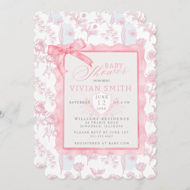 Pink with bow Chinoiserie Baby Shower invitation  (Front/Back)