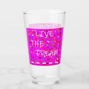 Pink with coloured patterns text words live dream glass