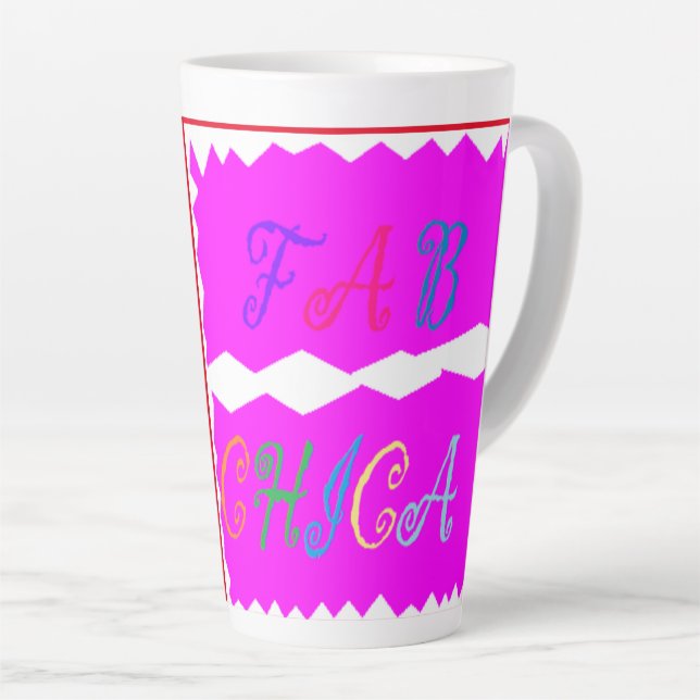 Pink with embroidered look text lettering latte mug (Right Angle)
